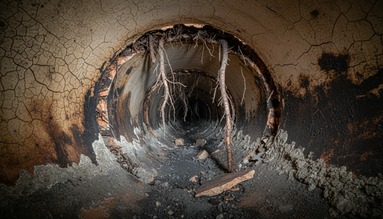 Cracked and root-damaged clay sewer pipe before trenchless repair in Scottsdale, AZ